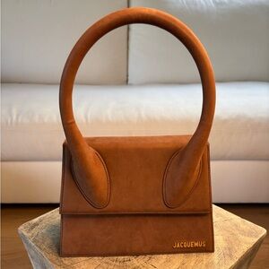 Jacquemus brown leather mini top-handle bag with gold logo